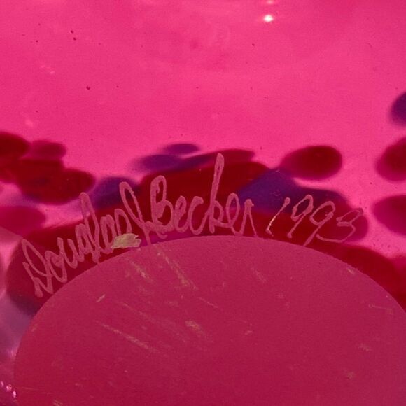 Vintage Douglas Becker Signed Cranberry Art Glass Vase Coin Dot Pattern - Picture 11 of 15